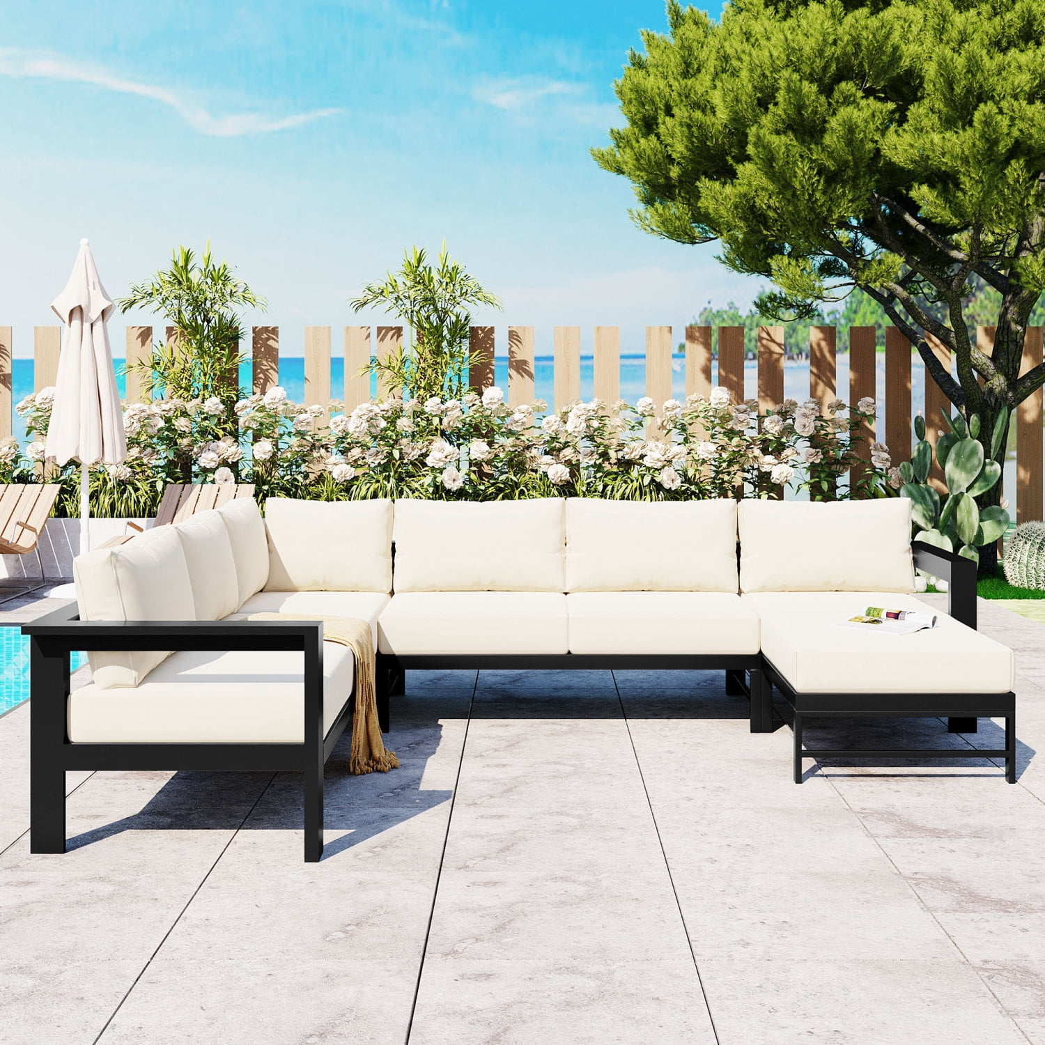 Harper & Bright Designs Outdoor Patio Furniture Set L-Shaped Aluminum Sectional Sofa All-Weather Patio Conversation Set with Cushions for Garden Backyard, White