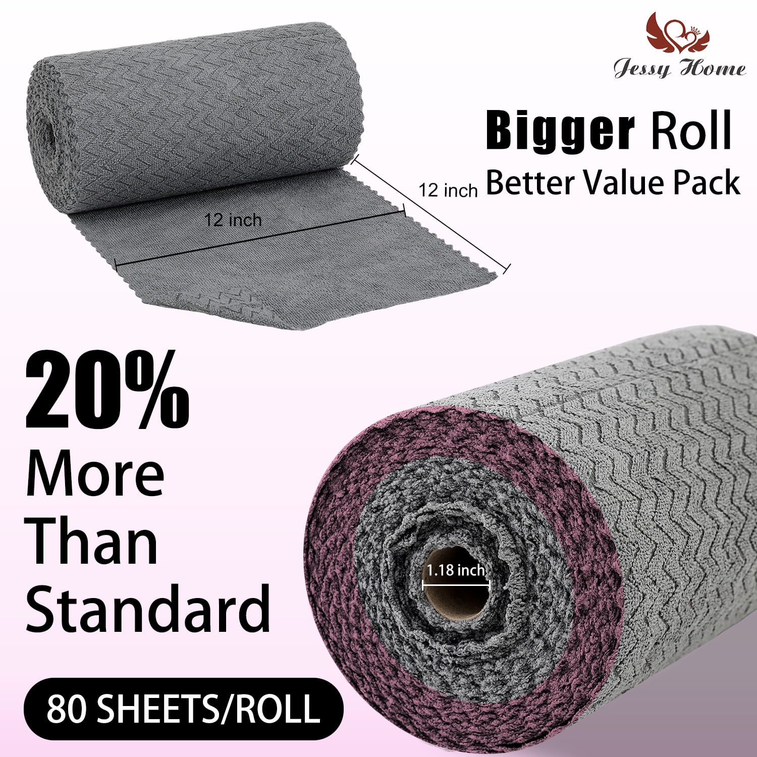 Jessy Home 80 Pack Textured Microfiber Clean Cloth Roll,Tear Away 12"x12" Reusable Paper Towel Lint Free Rags & Durable Dish Cloth, Ultra Absorbent Shop Towels for Kitchen,Car,Window-Dark Grey