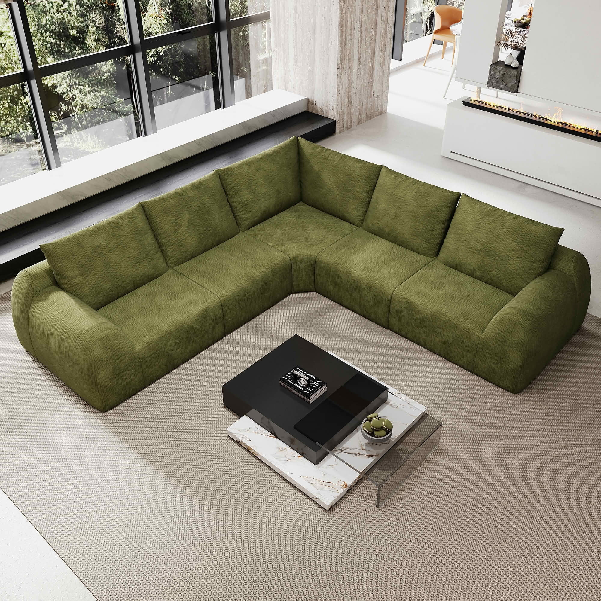 MAYEERTY 105" V Shaped Modular Cloud Sectional Sofa, 5 Seats Vacuum Compressed Chenille Couch, No Assembly Required Oversized Fabric Sofa