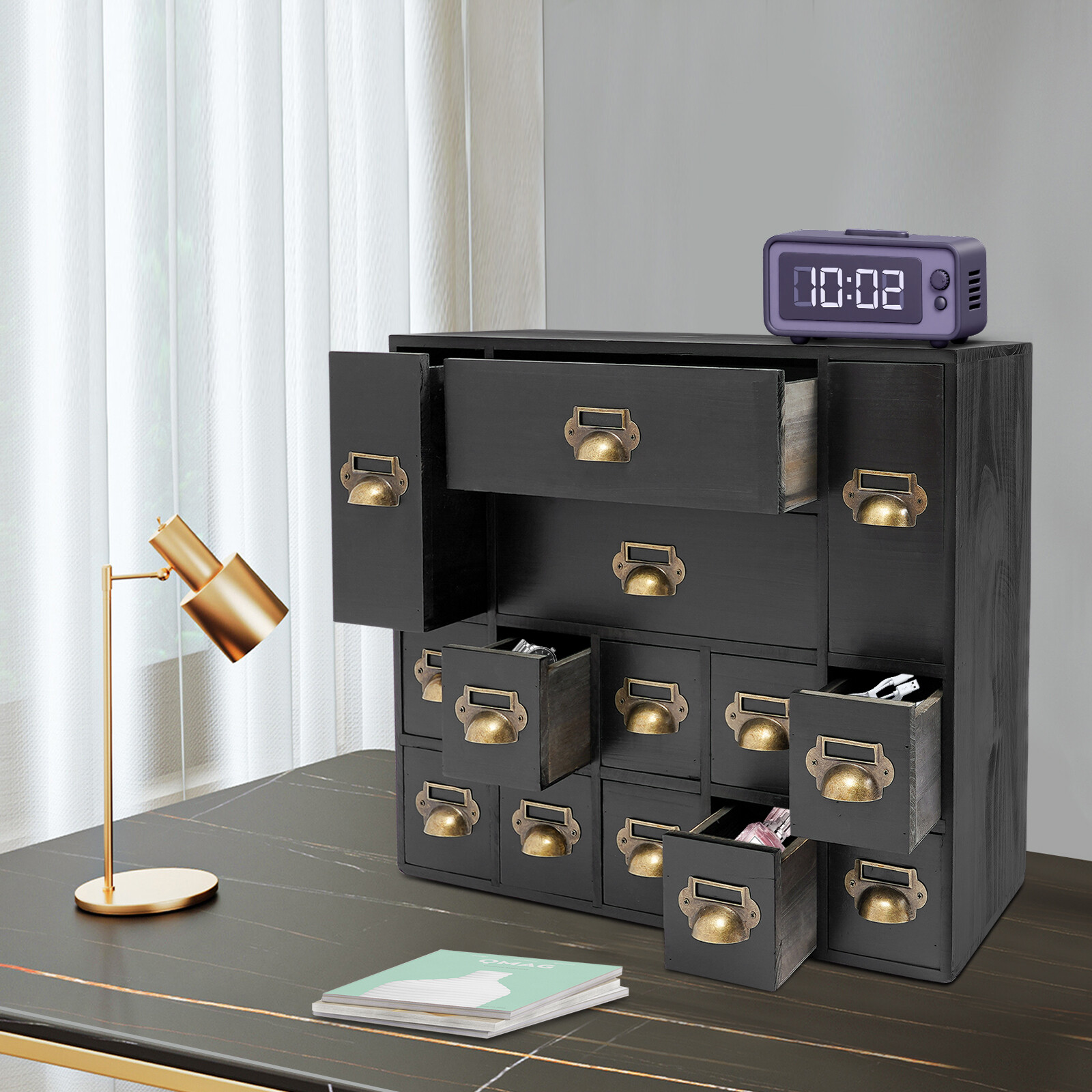 Black Vintage Storage Cabinet Wooden Organizer w/ 14 Drawers FreeStanding For Various Small Crafts, A Kitchen Organizer
