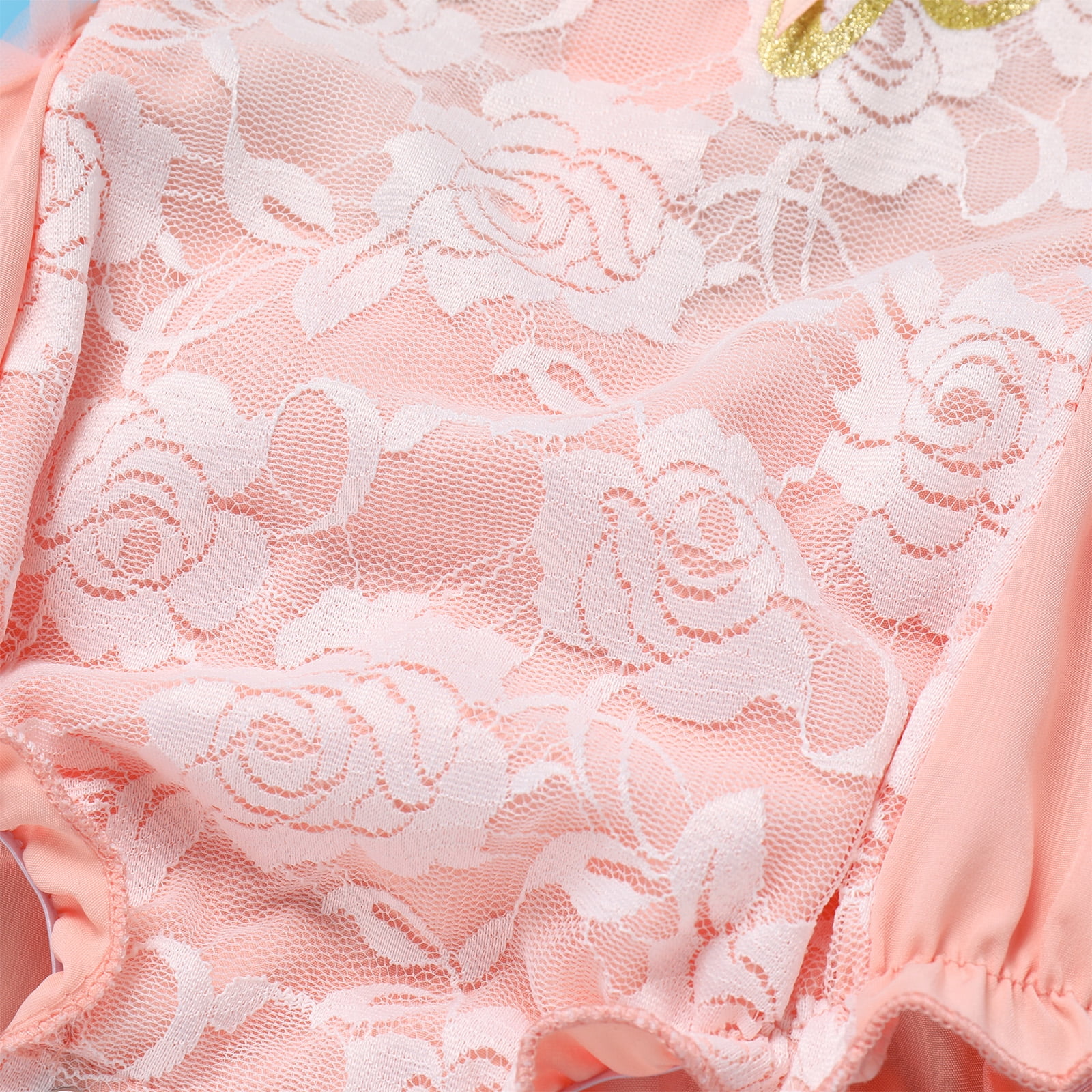 IBTOM CASTLE Baby Girl 1st Birthday Outfit Lace Tulle Romper Princess Tutu Dress Headband Shiny ONE Cake Smash Photo Shoot Clothes 12-18 Months Peach Pink