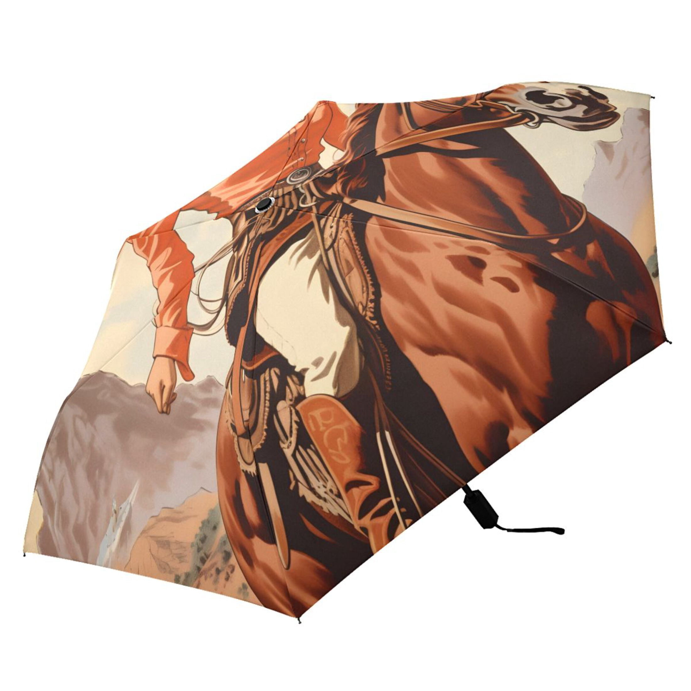 Cowgirl on Horseback Compact Sun Umbrella Windproof Travel Umbrellas for Rain Strong Portable UV Protection