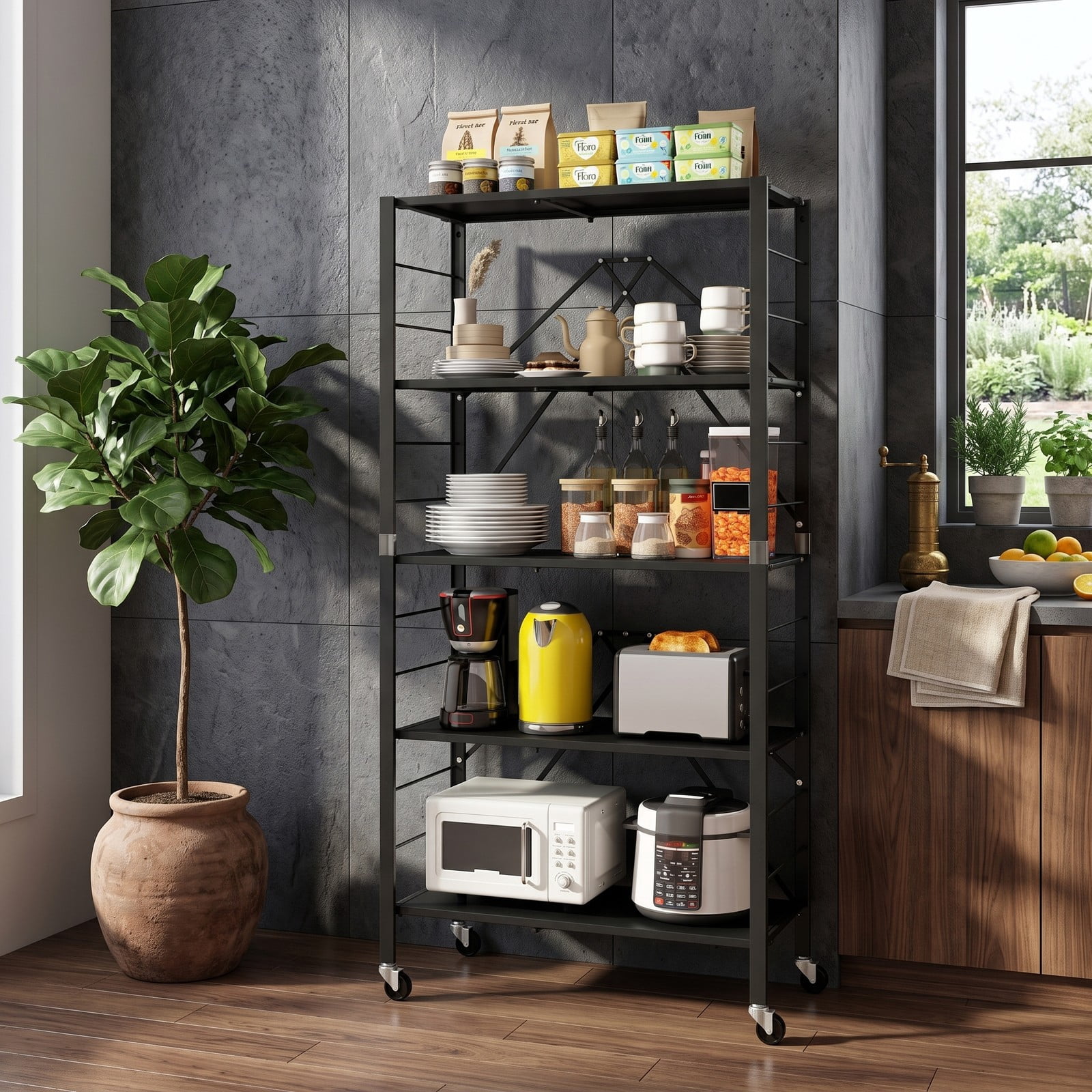 Furnibear 5-Tier Foldable Storage Shelf with Wheels, Adjustable Extendable Metal Utility Rack for Kitchen Living Room Study Tool Room, Rolling Storage Organizer, Black
