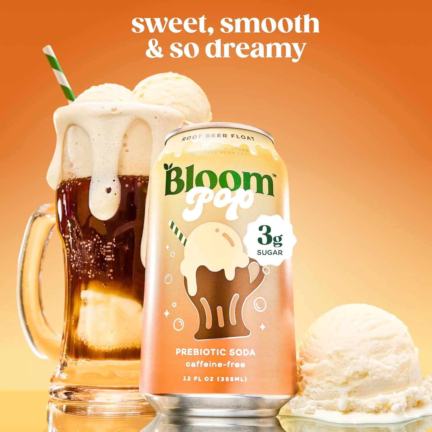 Bloom Pop Prebiotic Soda, Rootbeer Float, 12-Pack, 12oz Cans, No Caffeine