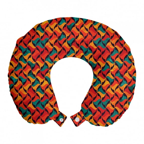 Geometric Travel Pillow Neck Rest, Abstract Funky Waves Contemporary Style Pastel Tribal Effects, Memory Foam Traveling Accessory Airplane and Car, 12", Jade Green Orange, by Ambesonne