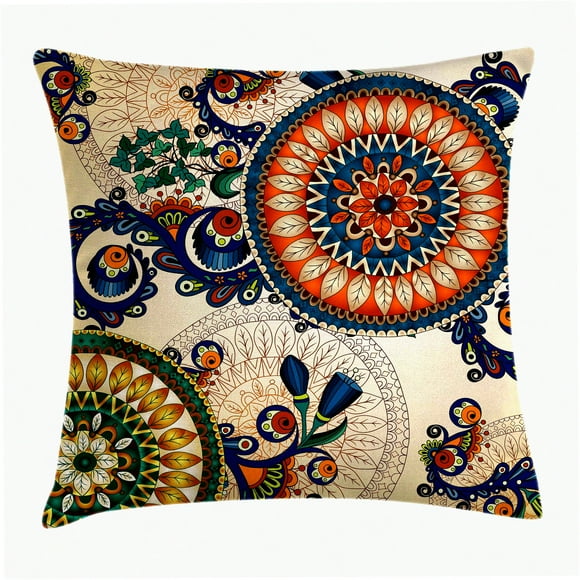 Housse de Coussin Florale Paon Boho - Housse de Coussin Carrée Décorative Ethnique, Accent Beige Doux, 16 Pouces X 16 Pouces - Coussin Décoratif Folk