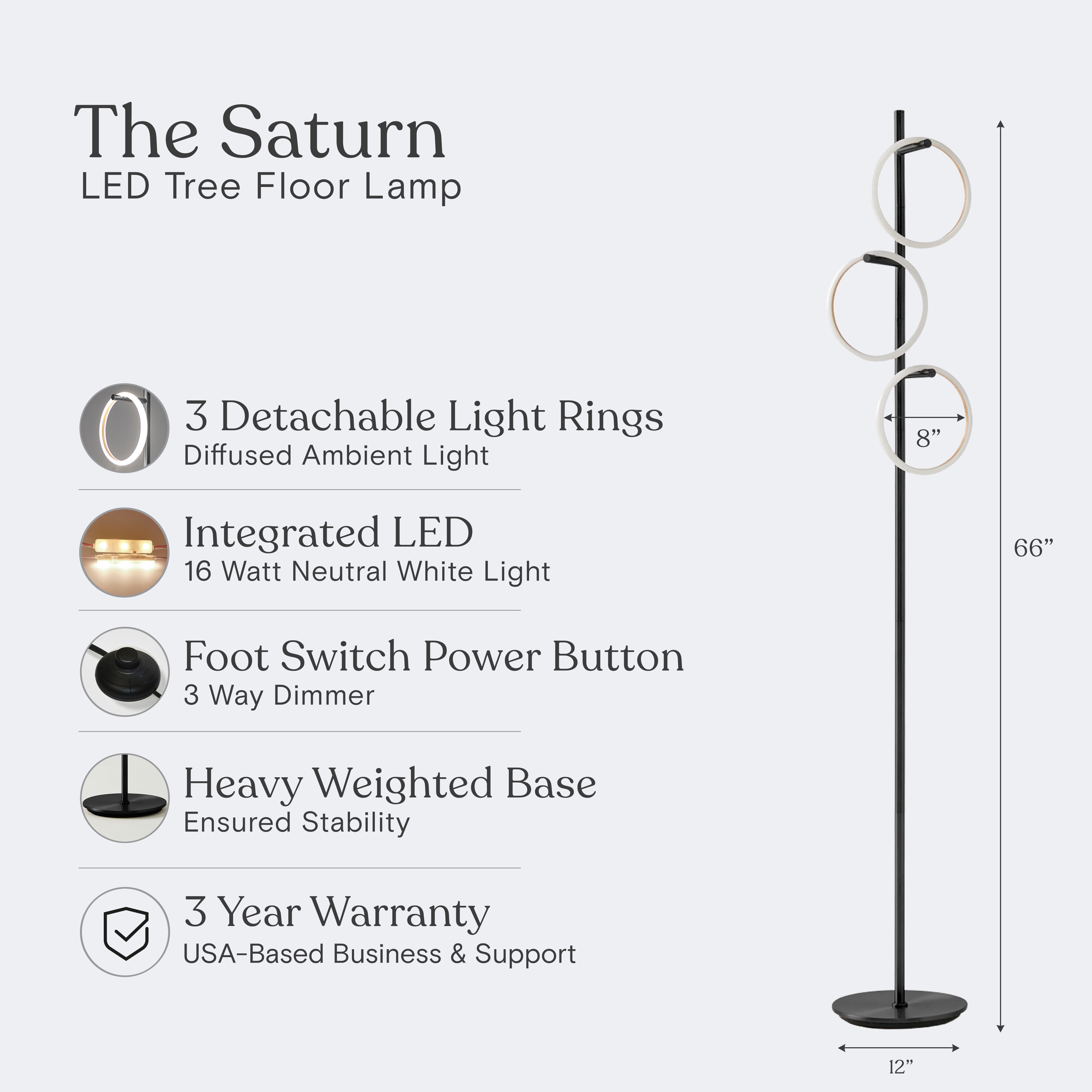 Brightech Saturn 66" Modern LED Floor Lamp - Removable LED Ring Lights with 3-Way Dimming - Classic Black