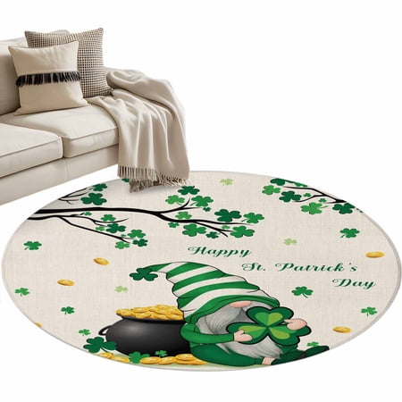 Area Rug 36in St. Patrick Gnome Shamrock and Coin Floor Carpet Living Room Rug Clovers Leaves on Burlap Non-Slip Welcome Mat Indoor Rugs for Bedroom Dining Room