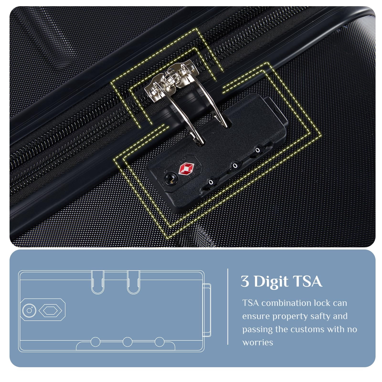 Kelno 3-Piece Hardside Luggage Set 20/24/28Inch ABS Suitcase Set with Double Spinner Wheels TSA Lock Lightweight Rolling Luggage, Black