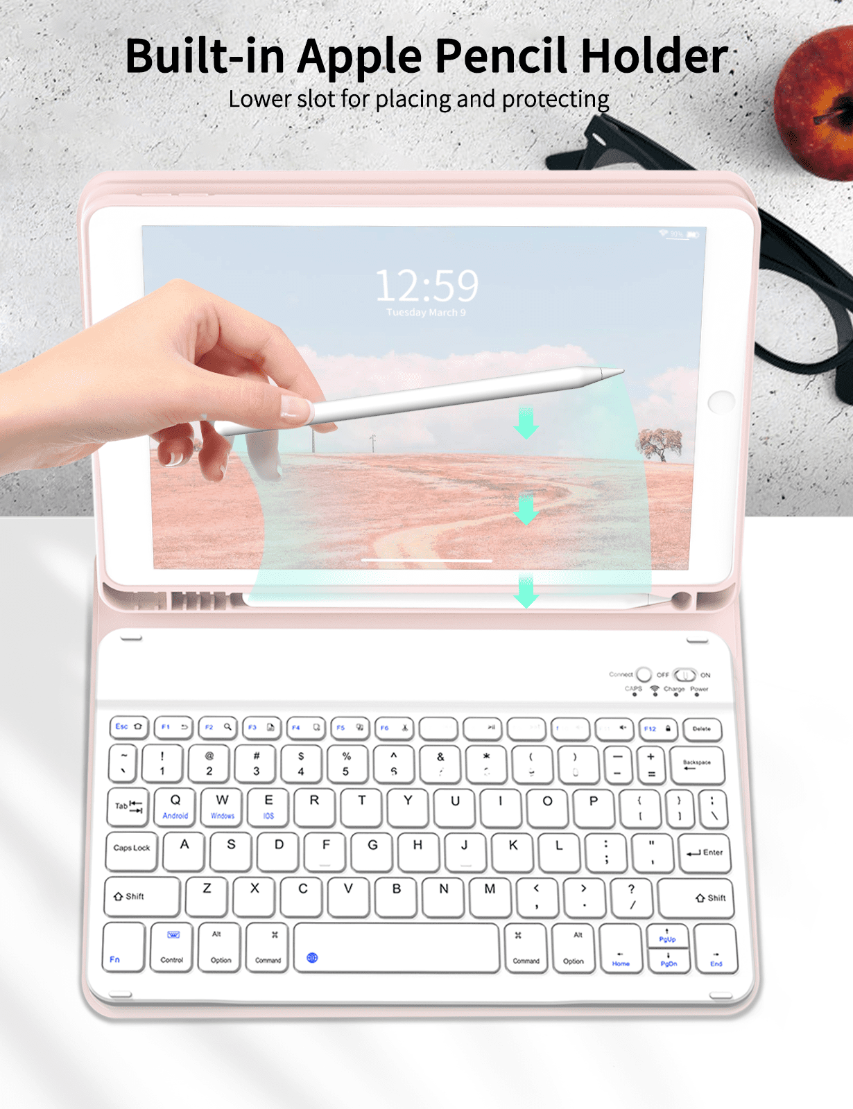 Aoub Keyboard Case for iPad 6th / 5th Generation 2018/2017 9.7 Inch, iPad Air / Air 2, Magnetic Detachable Wireless Bluetooth Folio Stand Rechargeable Keyboard Cover with Pencil Holder, Pink