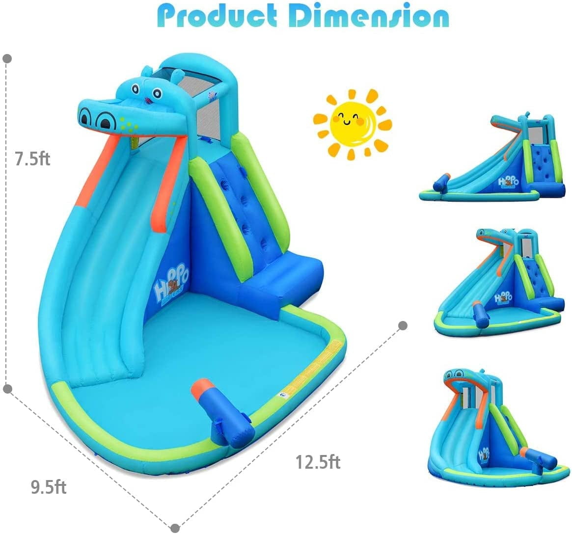 OLAKIDS Inflatable Water Slide, Hippo Themed Bouncer Castle with Slide, Splash Pool, Climbing Wall, Water Blaster, Kids Outdoor Water Park with Hose, Carry Bag, Blower