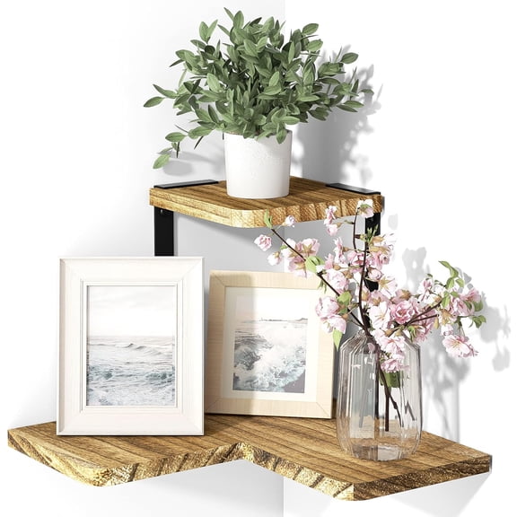 Rustic Corner Shelf, 2-Tier Wood Wall Shelf, Wall Mounted Storage Shelves for Bedroom, Living Room, Bathroom