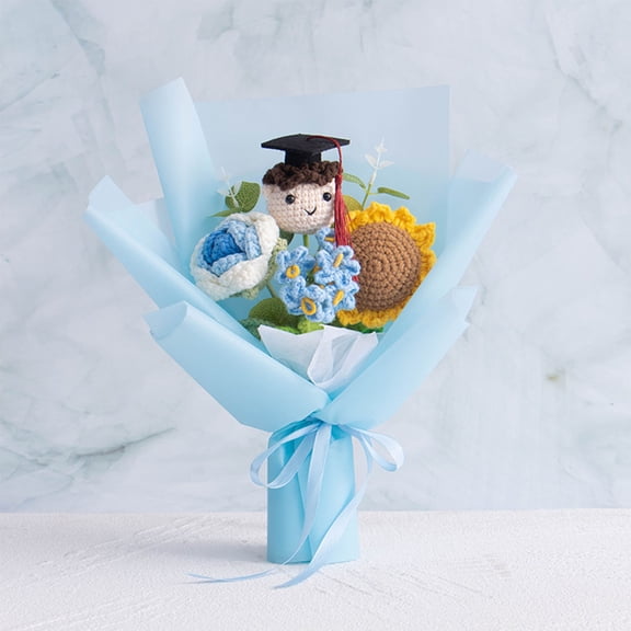 Luoshdecor Happy Graduation Flower Bouquet,Artificial Knitted SunFlower Bouquet with Cap Gift for Graduation Party Supplies