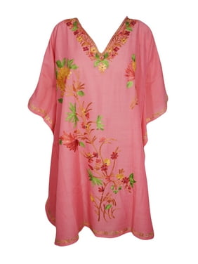 Mogul Womens Caftan Beach Coverup Kimono Dress Embroidered Cotton Loose Short Kaftan