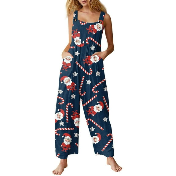 Women Christmas Outfit Stylish Women's Casual Christmas Print Jumpsuit Featuring Convenient Side Pockets for Everyday Comfort and Festive Holiday Outfits Blue M