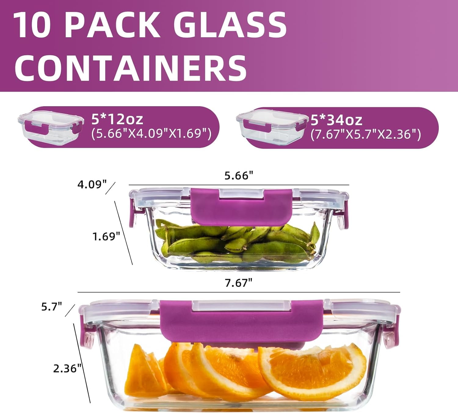 DFA 10 Pack Glass Food Storage Containers with Lids, Leakproof Airtight Glass Meal Prep Containers For Lunch, On The Go, Leftover, Dishwasher Safe