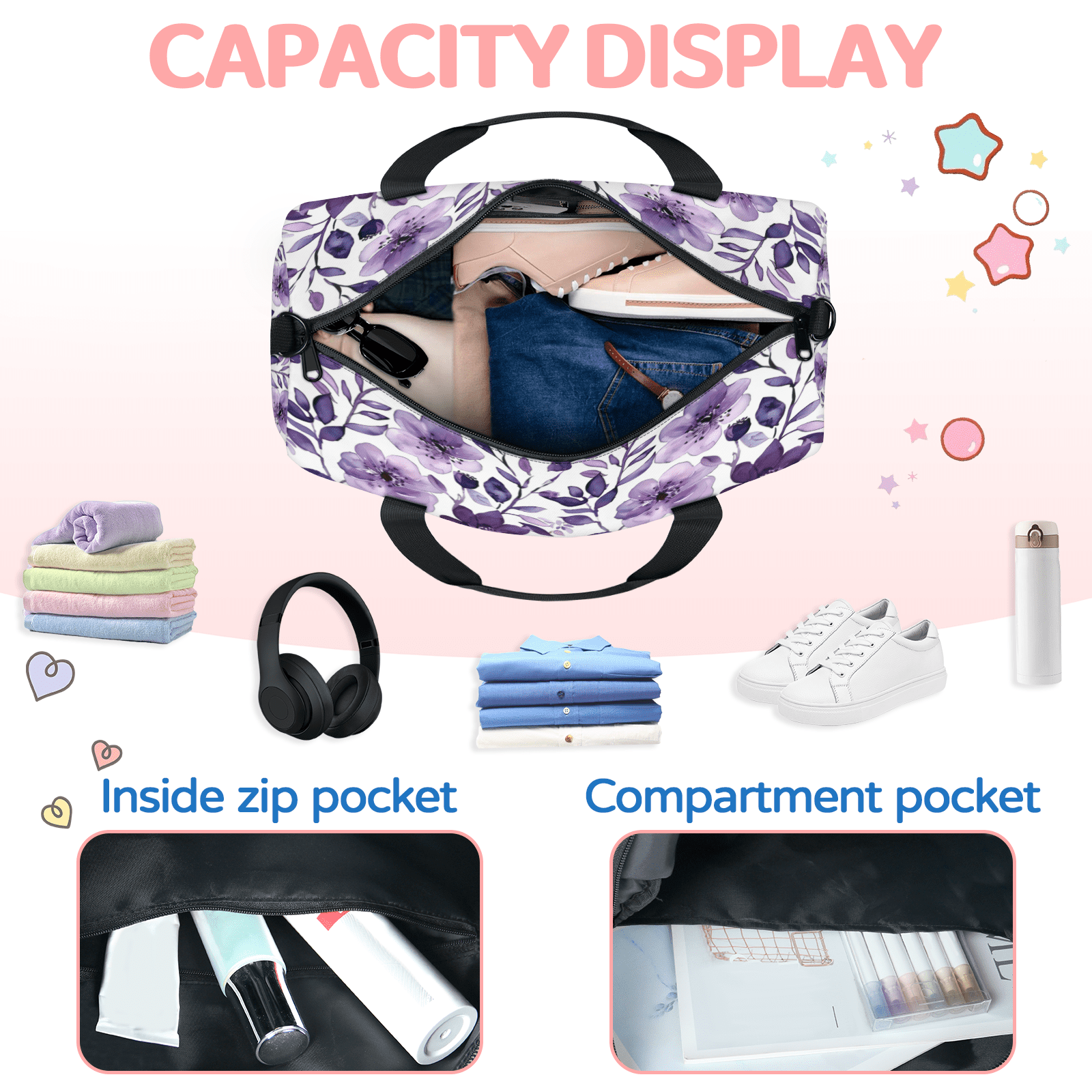 Herdesigns Purple Floral Travel Duffle Bag Sports Yoga Weekender Overnight Carry on Workout Bags Lightweight Waterproof Gym Tote Bag for Women