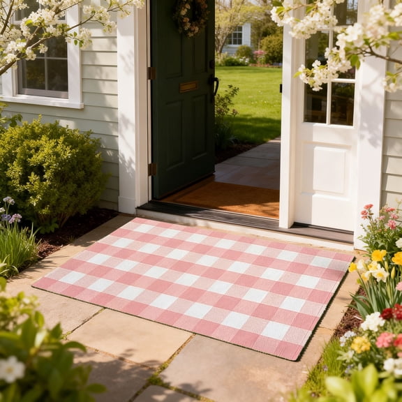 Spring Pink and White Plaid Rug, 35.43 inch Doormat Rug for Front Door, Hand-Woven Washable Entryway & Porch Decor for Home Entrance Patio Farmhouse Indoor Outdoor