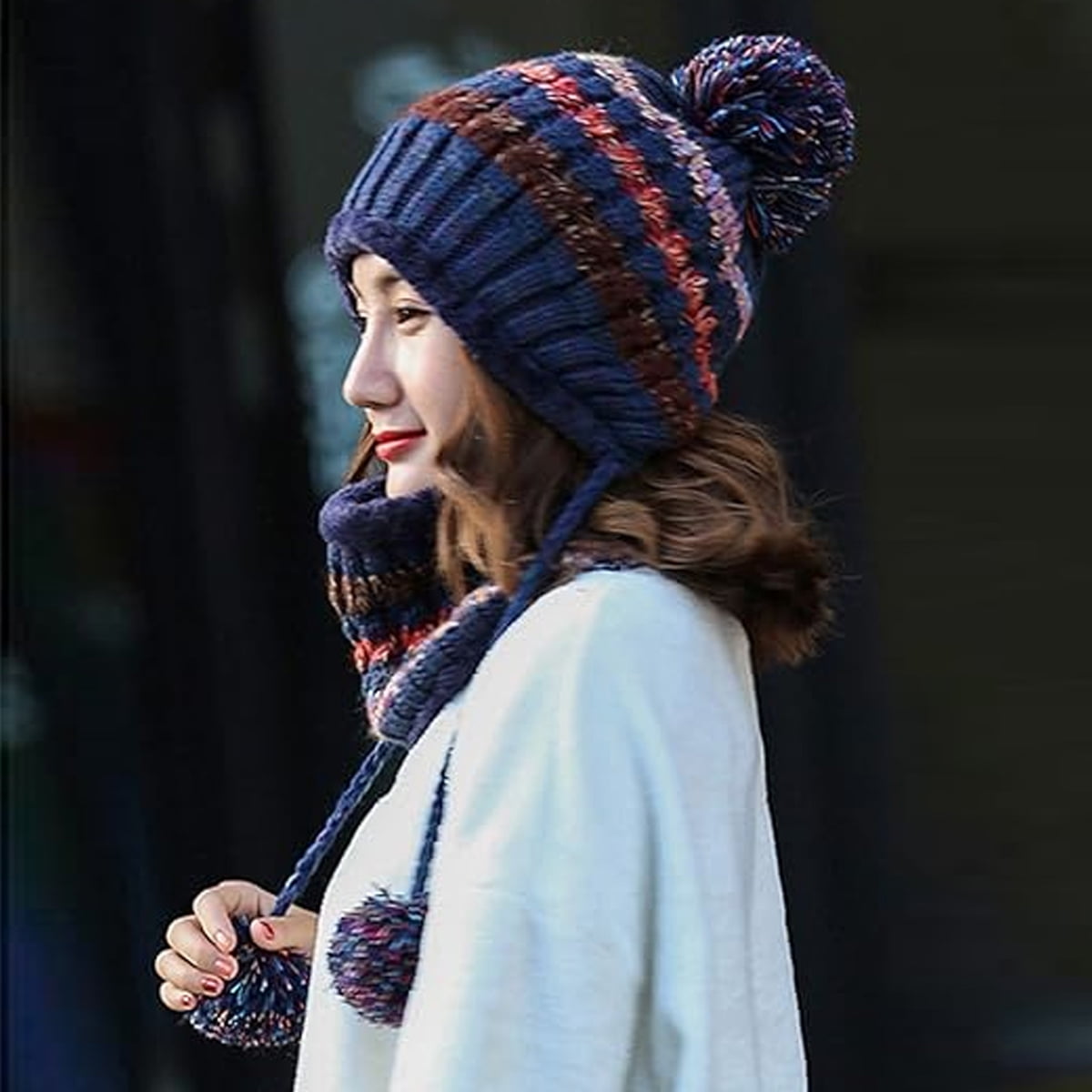 Winter Beanie Hat Circle Scarf Set Fleece Lined Chunky Knit Ear Flaps 30% Wool Winter Beanie w/Visor & Earflaps for Men Outdoor  main image 3