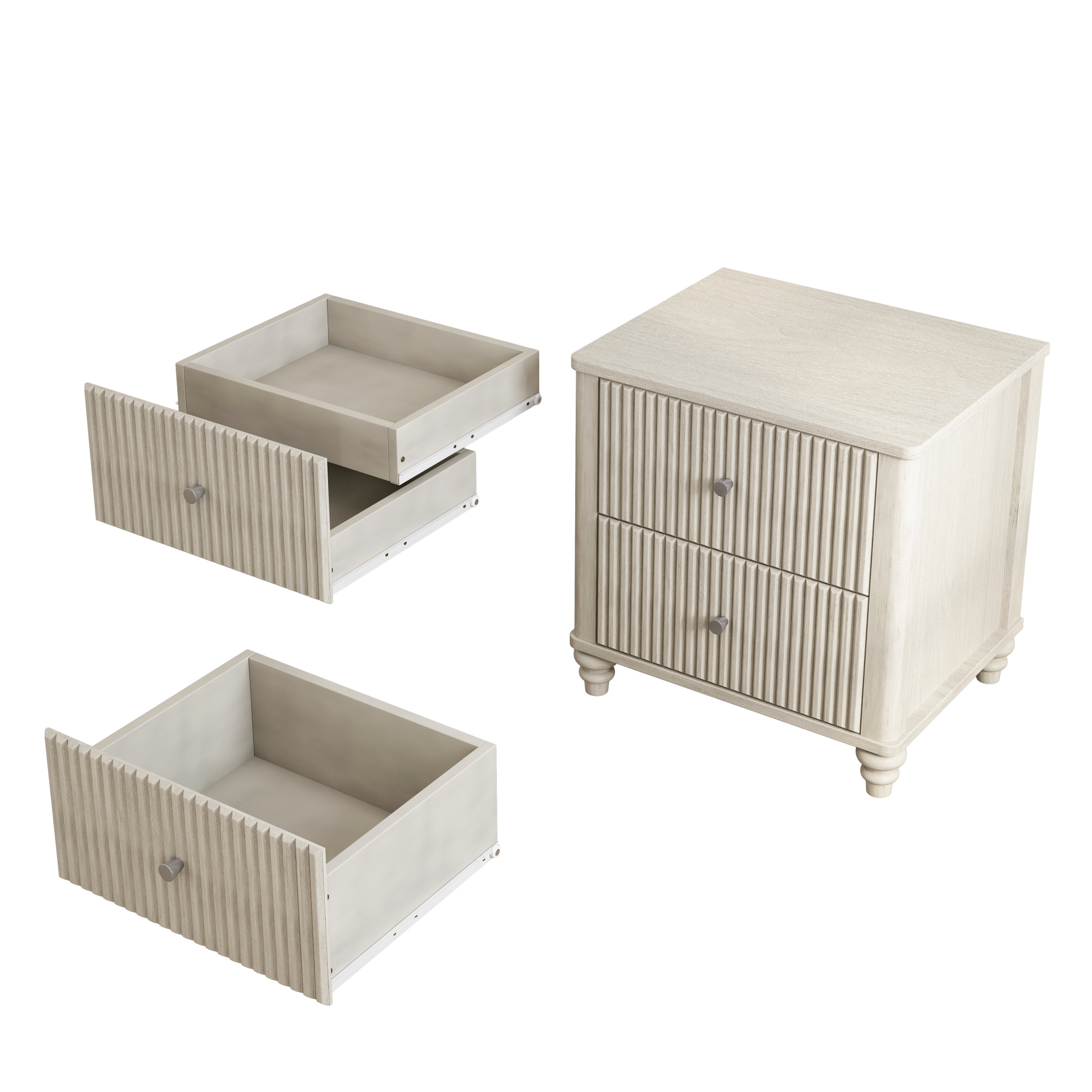Noble House Gideus Fluted Nightstand, Mid-Century Drawer Bedside Table, Rubberwood Base with Metal Handles, Beige
