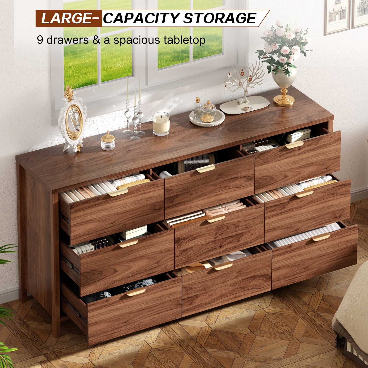 Arulvmrn medieval-style 9-drawer dresser, 63" chest, wood organizer for bedroom/living room, walnut.