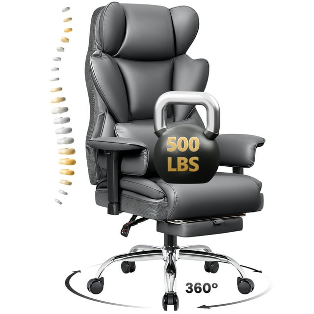 COOLHUT Large Executive PU Leather Office Chair with Adjustable Armrests and Footrest, High Back and Lumbar Support, Ideal for Big and Tall Users, Perfect for Home Office or Computer Desk Use, Grey