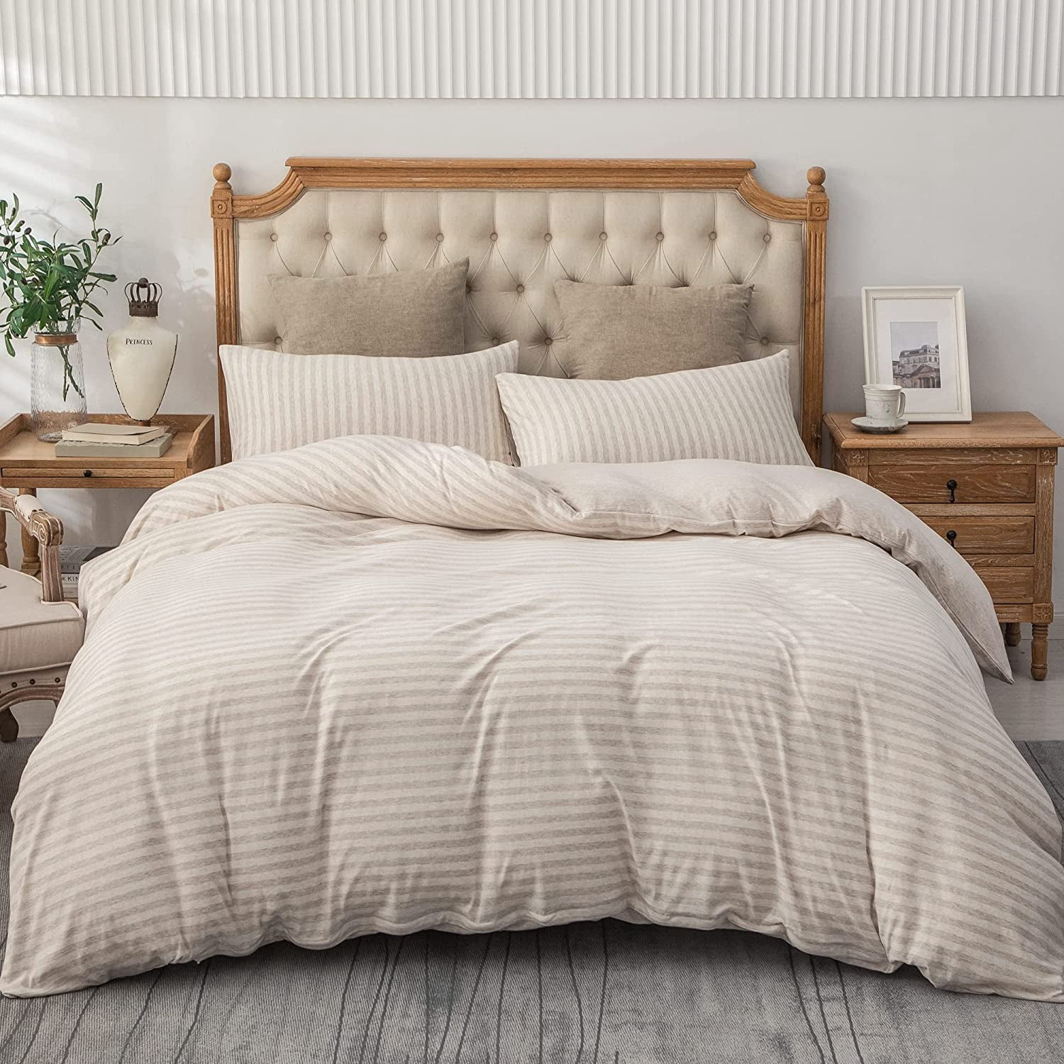 PURE ERA 100% Ultra Soft Jersey Knit Duvet Cover 3Piece Set BreathableT-Shirt Cotton Beige Stripe Full Size