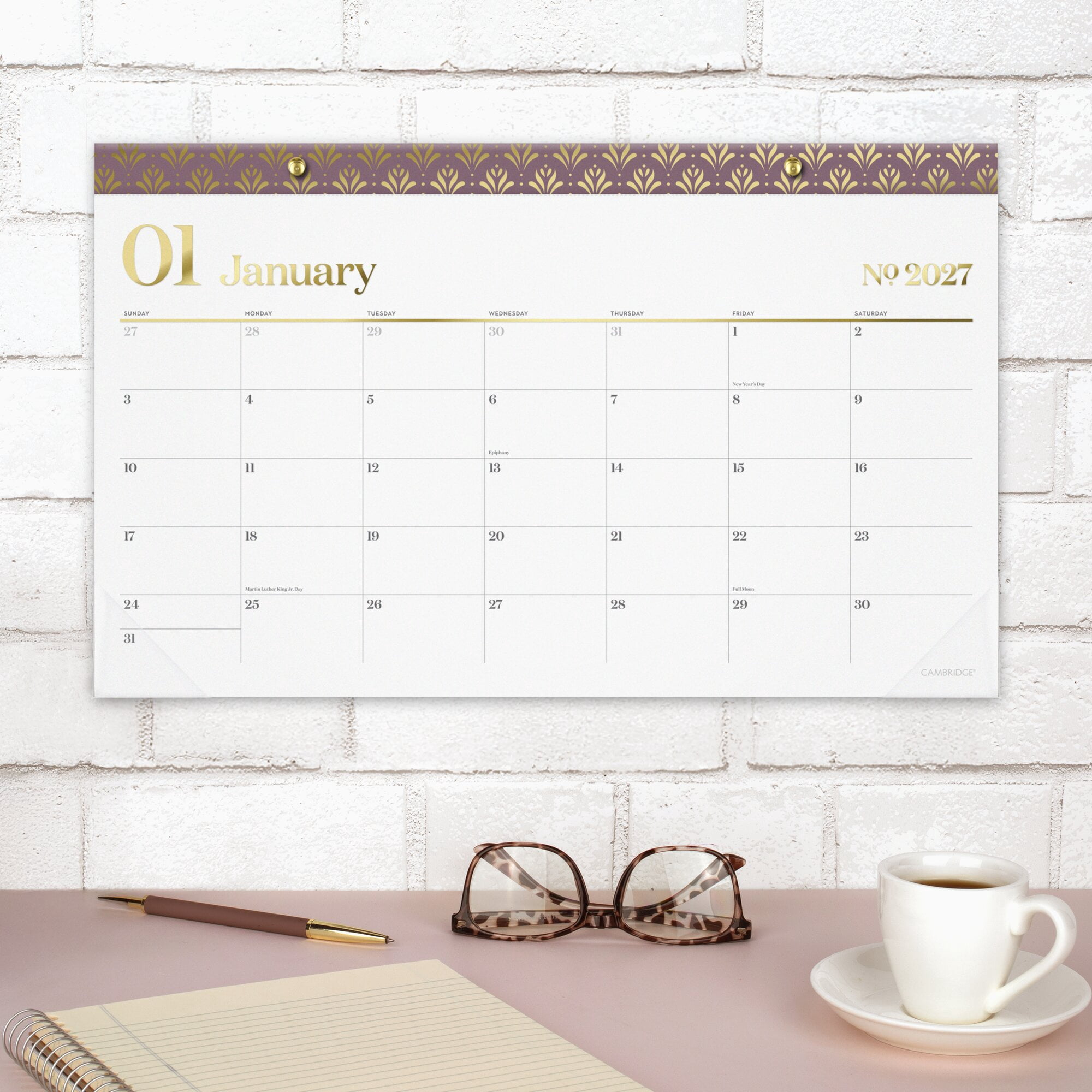 Mead Cambridge WorkStyle 2027 Monthly Desk Pad Calendar Mauve Compact 17 34 x 11