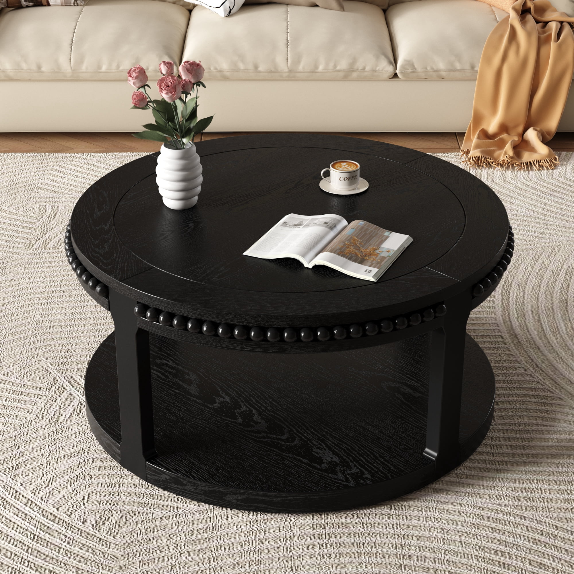 31.5" Round Solid Wood Coffee Table with 2-Tier Storage Shelf, Modern Circle Center Table with Thickened Top & Sturdy Wood Legs for Living Room,Black