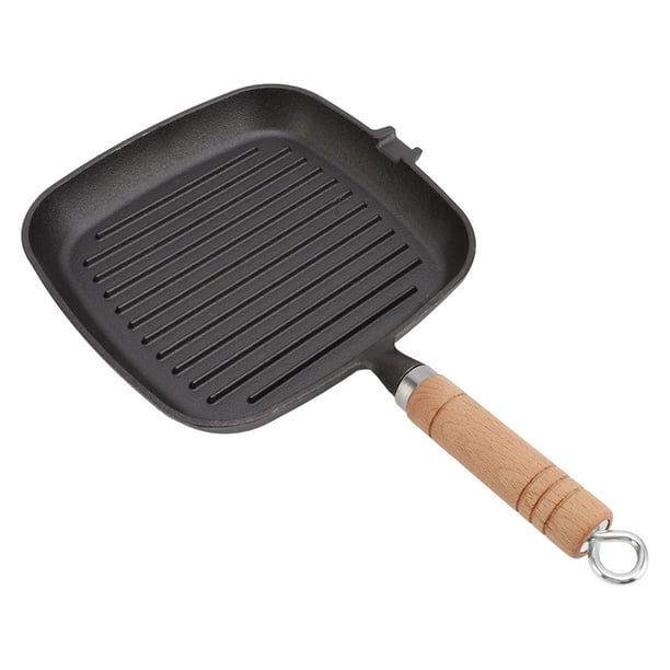 Sartén de hierro fundido con mango de madera, sartén cuadrada de hierro fundido antiadherente sin recubrimiento para carnes, filetes y pescados