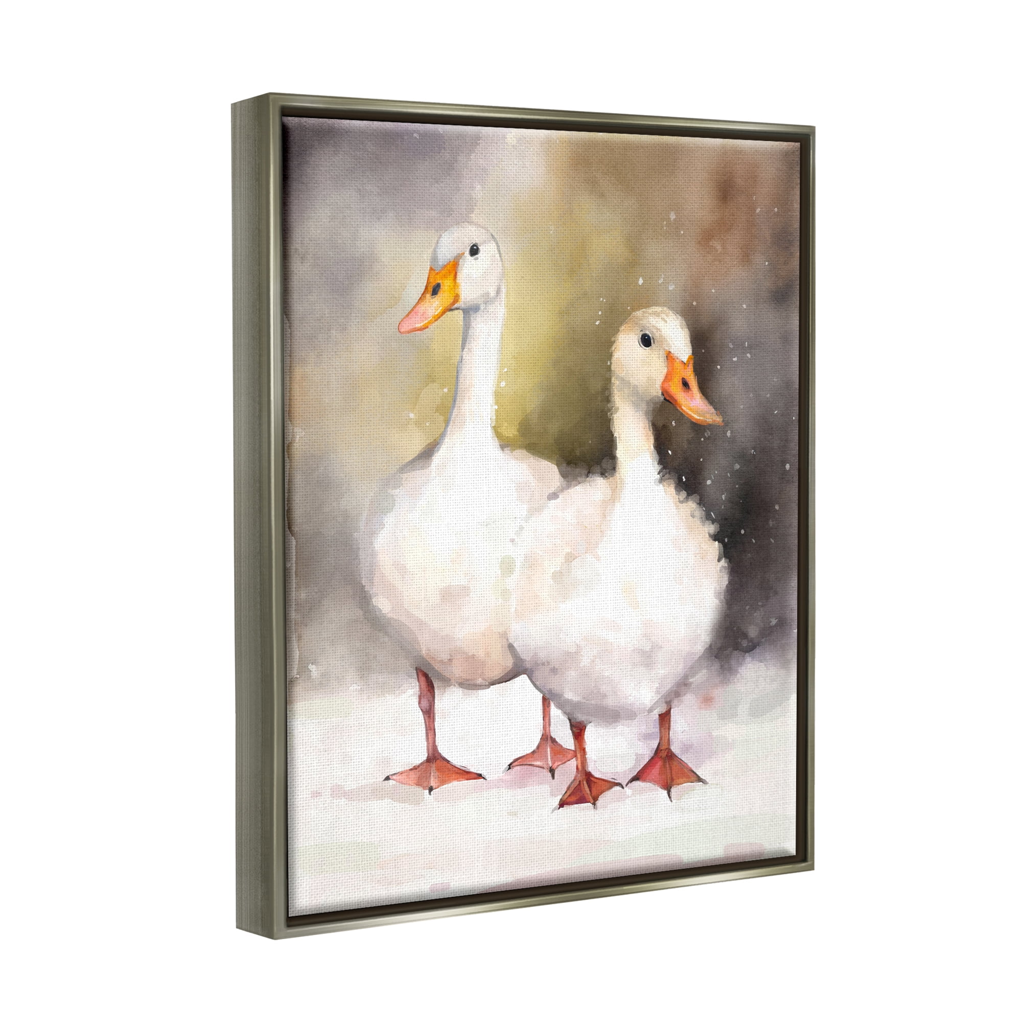 Stupell Industries Two White Ducks in Snow Animals & Insects Painting Gray Floater Framed Canvas Art Print Wall Art, 25 x 31