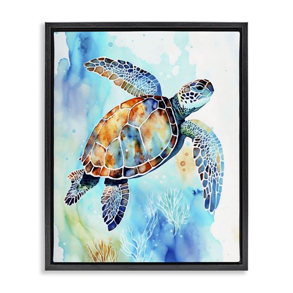 Stupell Industries Coastal Watercolor Style Sea Turtle Black Floating Frame Canvas Art, 17 x 21, by LSR Design Studio