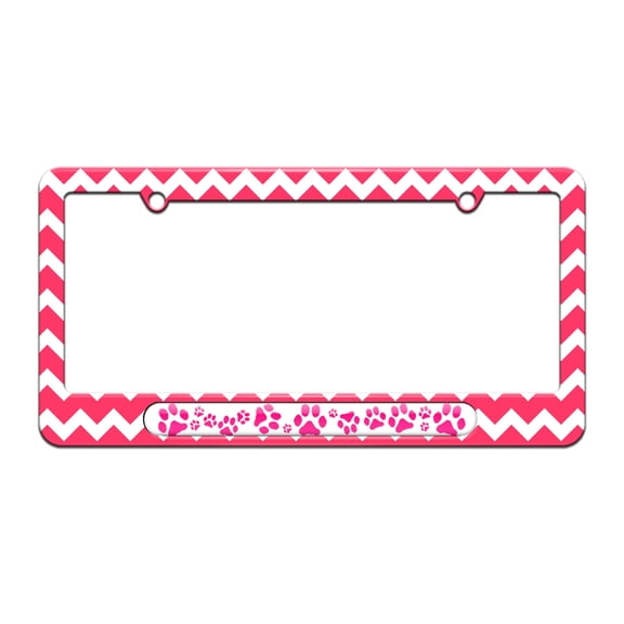 Paw Prints - Hot Pink - License Plate Tag Frame - Pink Chevrons Design