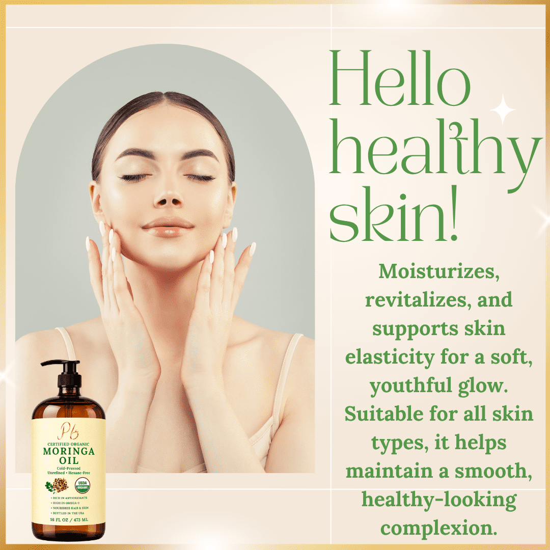 Pomberries USDA Organic Moringa Oil, 16 fl oz, Cold-Pressed & Unrefined, Hair & Skin Oil, Glass Bottle with Pump, Bottled in USA