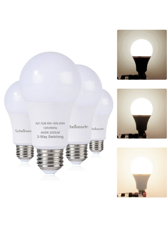 3-Way Light Bulbs, 50 100 150 Watt Equivalent, A21 Led Bulb Natural 4000K, Perfect for Reading, E26 Medium Base, 500-1600-2200 Lumen, 4 Pack