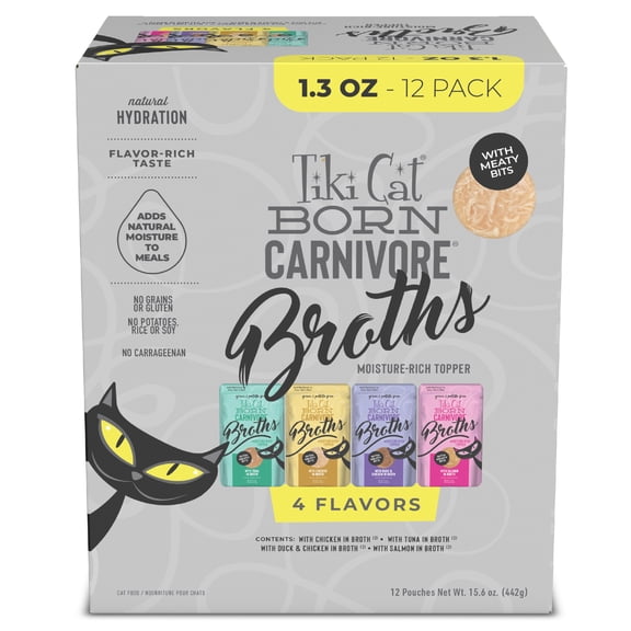 Tiki Cat Born Carnivore Broths Wet Cat Food Toppers, Variety Pack, 1.3 oz. Pouch (12 Pack)