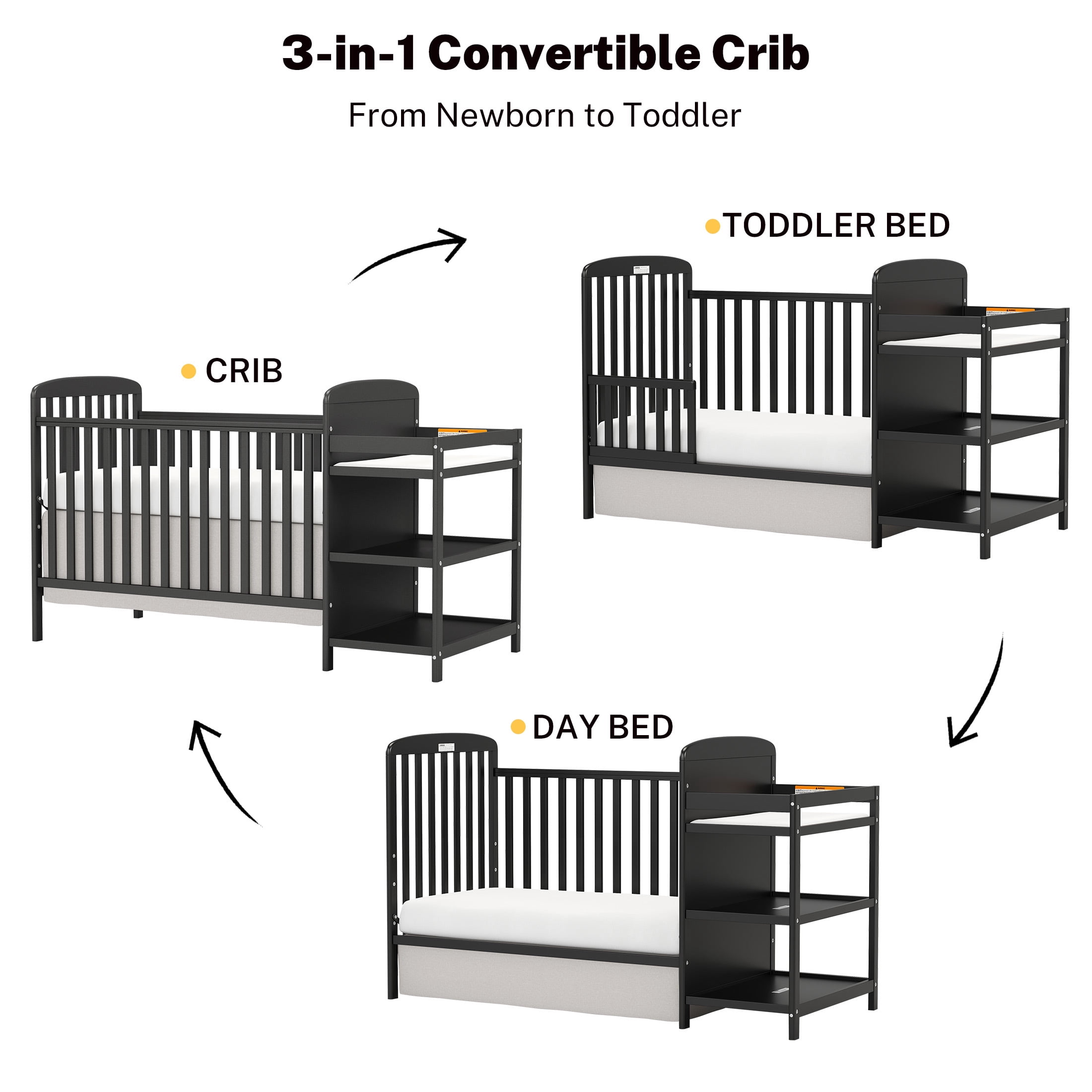 CASEMIOL Baby Crib with Changing Table 3 in 1, New Zealand Pinewood Cribs Convertible to Toddler Daybed Bed, Non-Toxic Finish, Easy to Assemble, Black