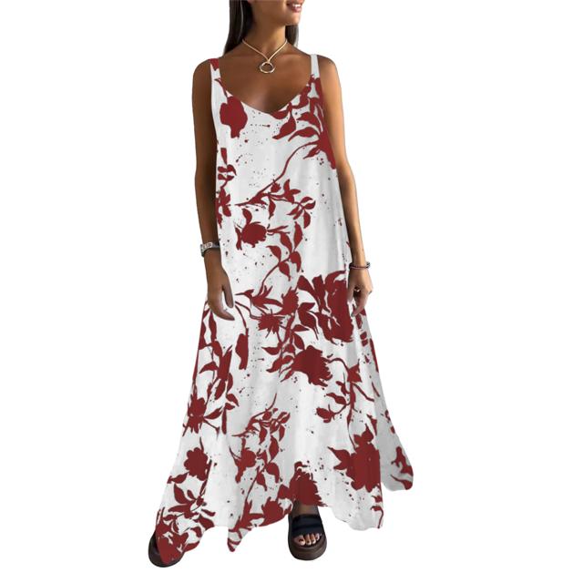 Vestido Maxi de Verano para Mujer, con Tirantes Finos, Sin Mangas, Cuello en V, Estilo Bohemio, Floral, para Vacaciones, Rojo, Talla M