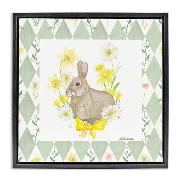 Mother Bunny on Green Argyle Black Framed Floater Canvas Wall Art, design by Lee Ann Sanders