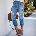 thumbnail image 3 of Women's Pull-on Distressed Denim Joggers Drawstring High Elastic Waist Loose Cargo Pants Ankle Length Jeans, 3 of 6