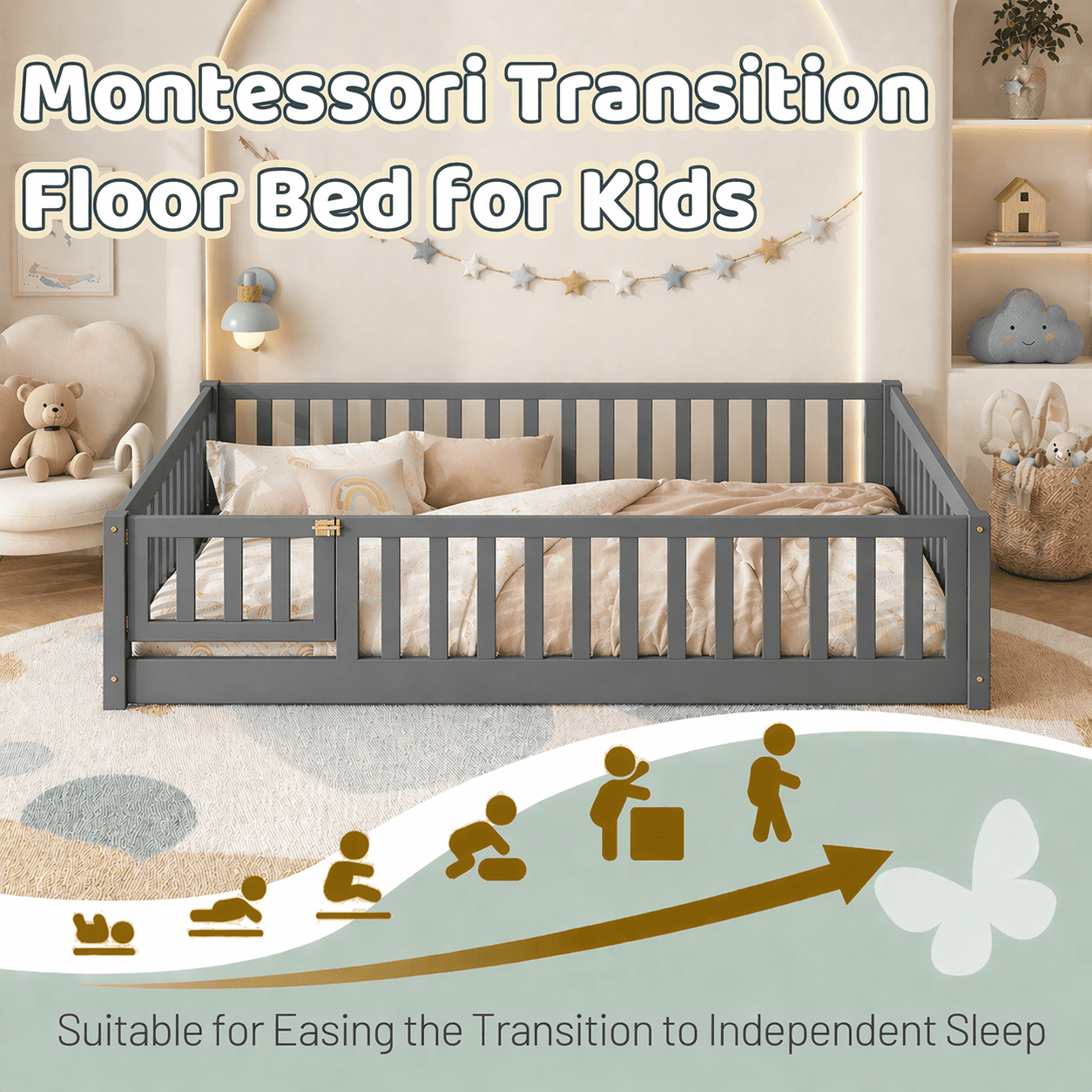 PAPROOS Full Floor Bed Frame, Wood Floor Platform Bed with Fence and Door, No Box Spring Needed, Modern Full Size Montessori Floor Bed for Little Girls Boys, Playhouse Bed Frame, Gray