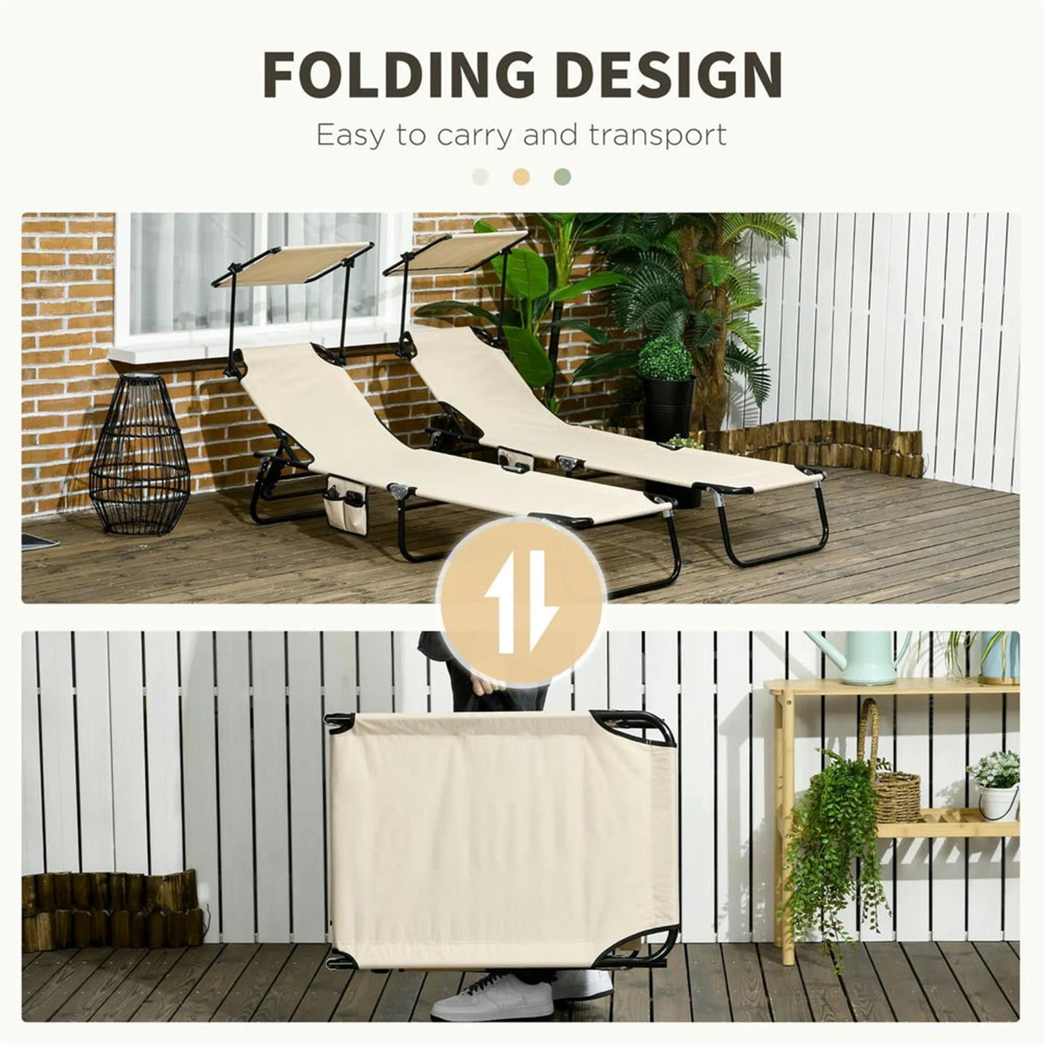 Demi Bonn Outdoor Folding Chaise Lounges Set of 2 with Canopy, Steel Frame, Side Pockets, Reclining Sun Chairs for Beach, Yard, Patio, Beige
