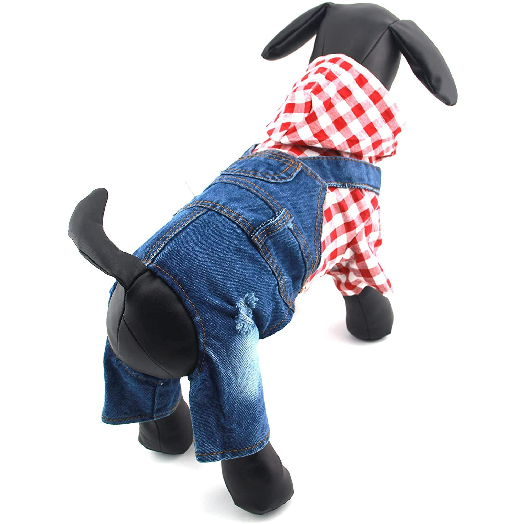 PETCARE Pet Dog Denim Jumpsuit Red Jean Overalls Puppy Plaid Shirt Hoodies Girl Dog Clothes Summer Small Dogs Cats Costume Outfit redXS Back 7 7.9 Chest 11 11.8 Walmart