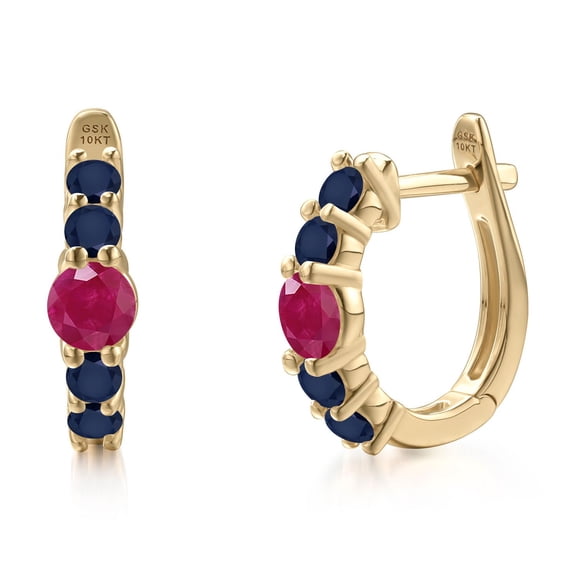 Gem Stone King 10K Yellow Gold Red Ruby and Blue Sapphire Hoop Earrings for Women | 1.18 Cttw | Gemstone July Birthstone | Round 4MM
