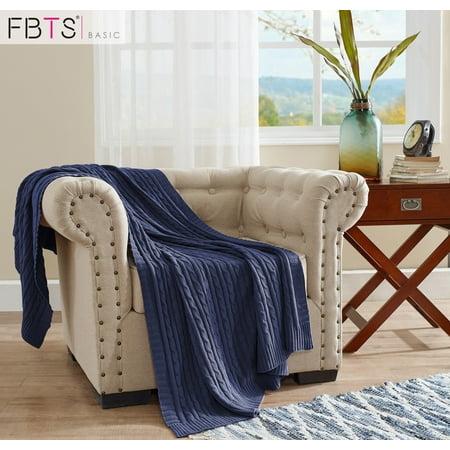 Graphic Knit Blanket - Knitted Throw Blanket 51 x 67 Inch Patriot Blue Pure Cotton Cable Extra Soft for Couch Sofa Bed by FBTS Basic