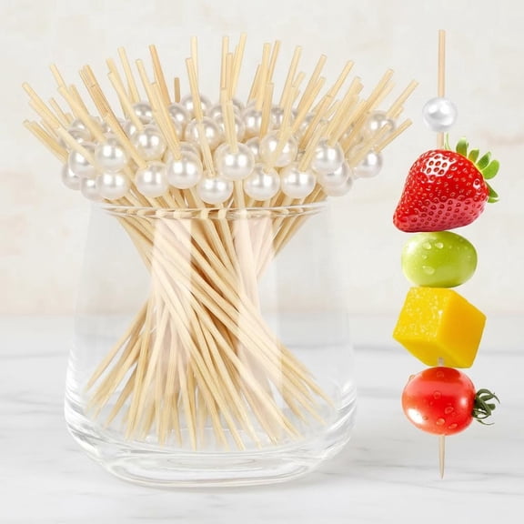 Cocktail Picks, White Pearl Fancy Toothpicks for Appetizers Drinks Fruit Food, Bamboo Skewers Wood Cocktail Sticks for Wedding Bridal Shower Party Decor Charcuterie Boards Accessories