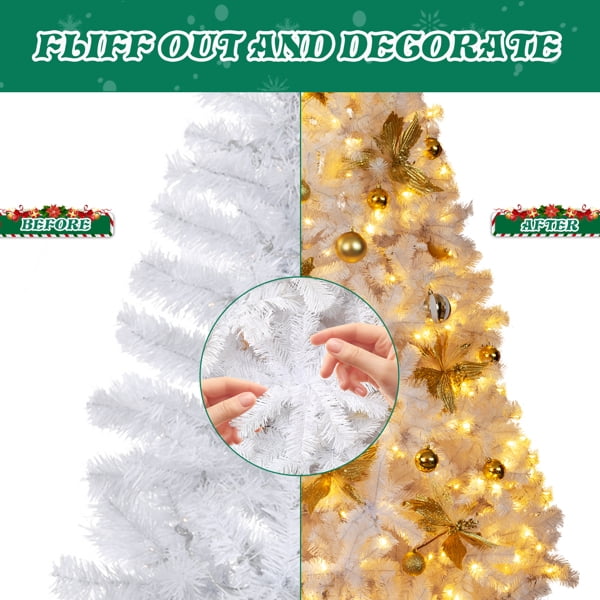 7.5FT White Pre-Lit Christmas Tree - 1600 PVC Branch Tips 400 Warm White LEDs Bow/Golden Flower Ornaments Easy Setup for Home
