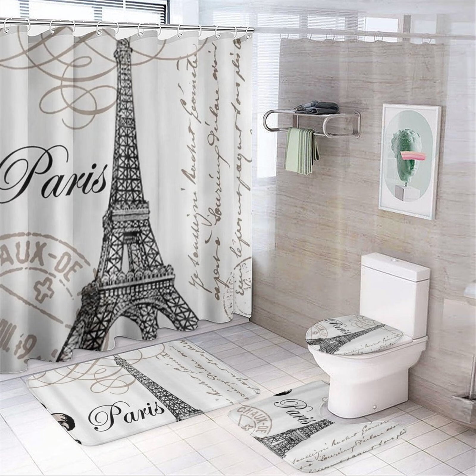 4Pcs Vintage Paris Eiffel Tower Shower Curtain Sets Bathroom Set Decor ...
