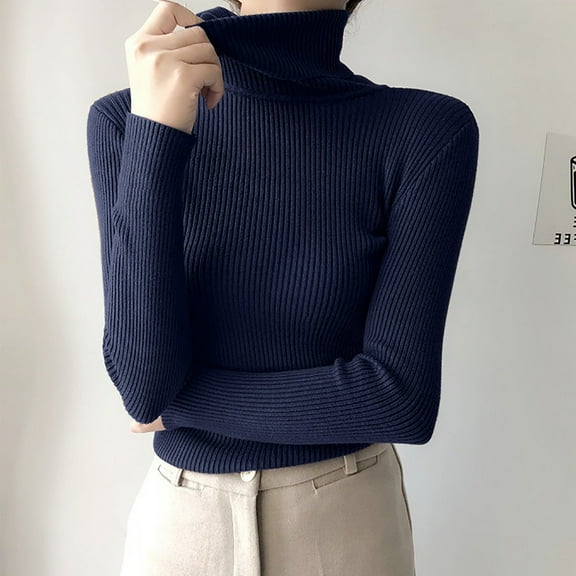 Juslio Women Sweaters Pullovers Turtlenecks Solid High Neck Long Sleeve Knit Dark Blue