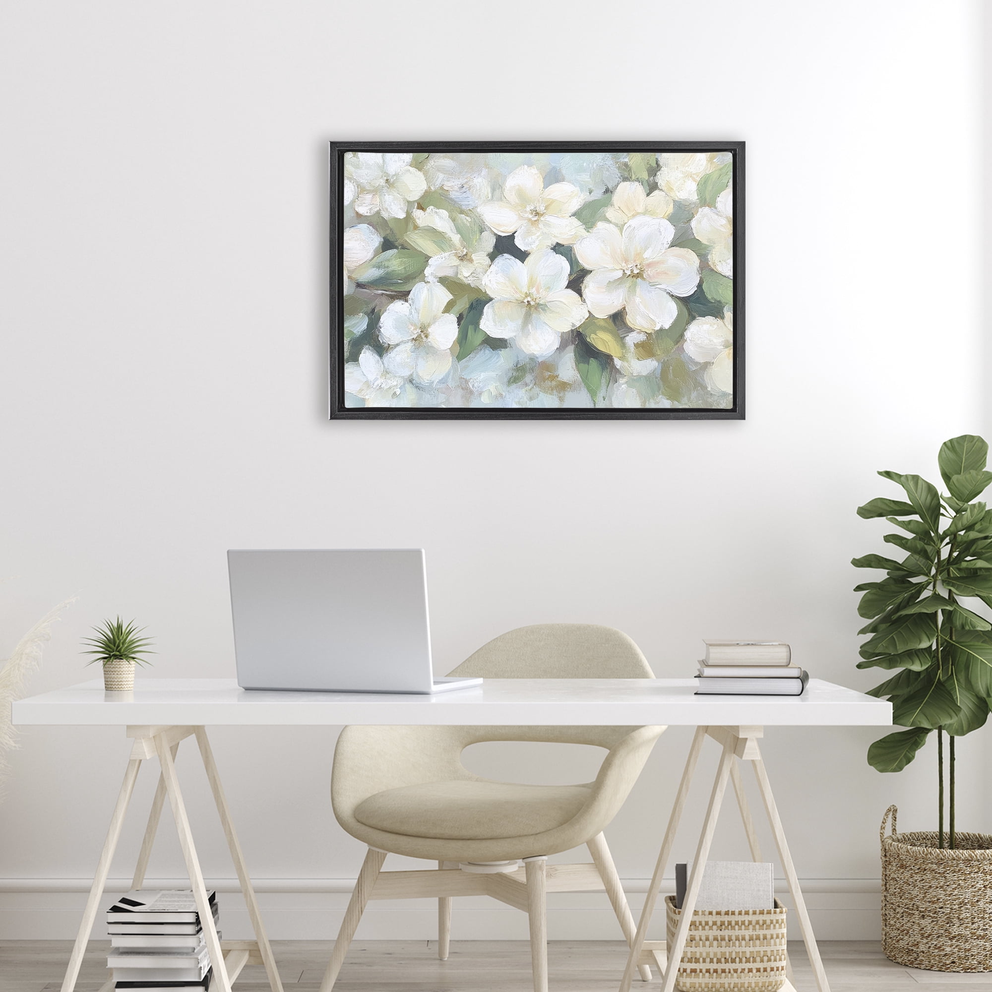 Stupell Industries Painted White Flowers in Leaves Black Framed Floater Canvas Wall Art, design by Petal Prints Design